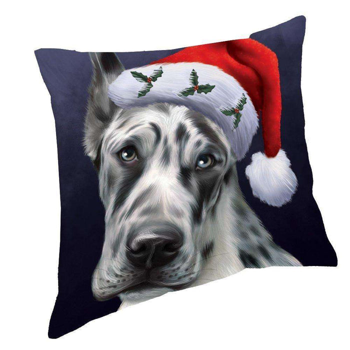 Christmas Great Dane Dog Holiday Portrait with Santa Hat Throw Pillow