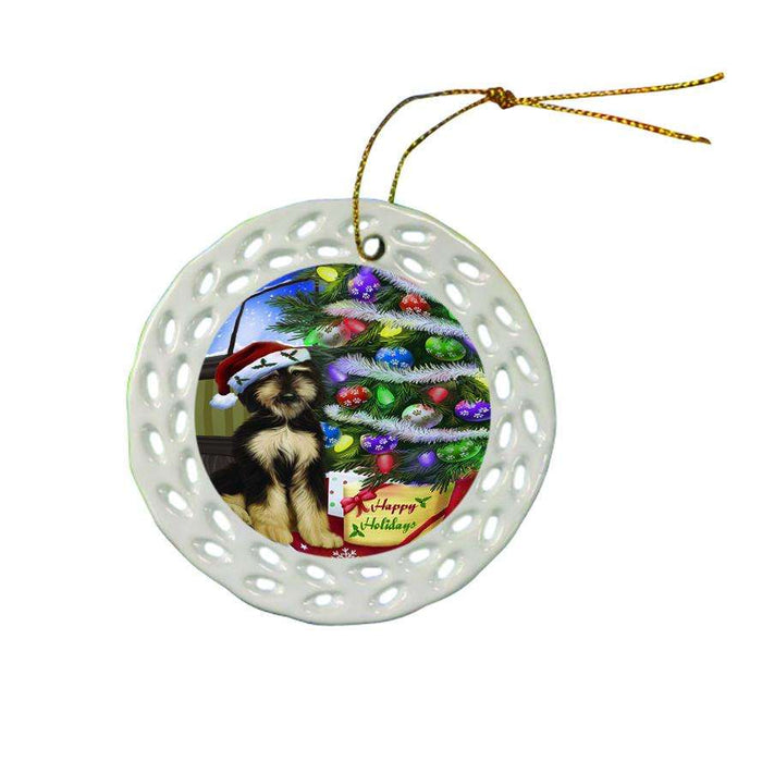 Christmas Happy Holidays Afghan Hound Dog with Tree and Presents Ceramic Doily Ornament DPOR53429