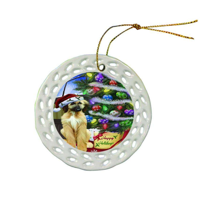 Christmas Happy Holidays Afghan Hound Dog with Tree and Presents Ceramic Doily Ornament DPOR53432