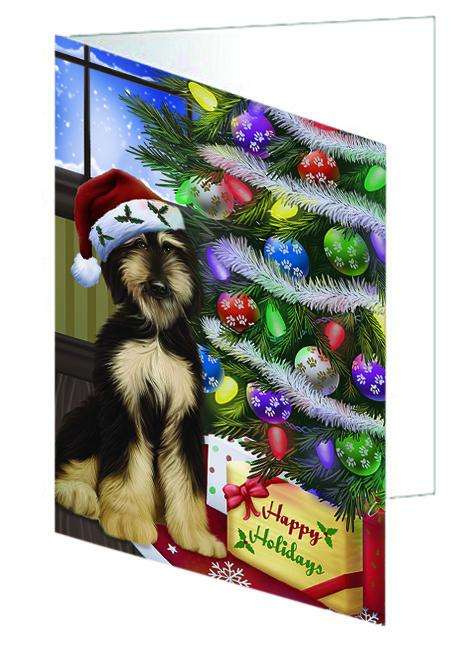 Christmas Happy Holidays Afghan Hound Dog with Tree and Presents Handmade Artwork Assorted Pets Greeting Cards and Note Cards with Envelopes for All Occasions and Holiday Seasons GCD64316