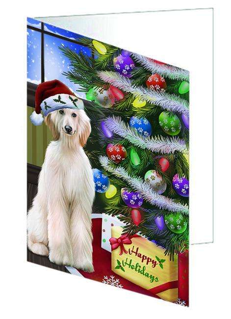 Christmas Happy Holidays Afghan Hound Dog with Tree and Presents Handmade Artwork Assorted Pets Greeting Cards and Note Cards with Envelopes for All Occasions and Holiday Seasons GCD64319