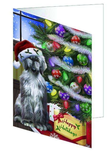 Christmas Happy Holidays Afghan Hound Dog with Tree and Presents Handmade Artwork Assorted Pets Greeting Cards and Note Cards with Envelopes for All Occasions and Holiday Seasons GCD64322