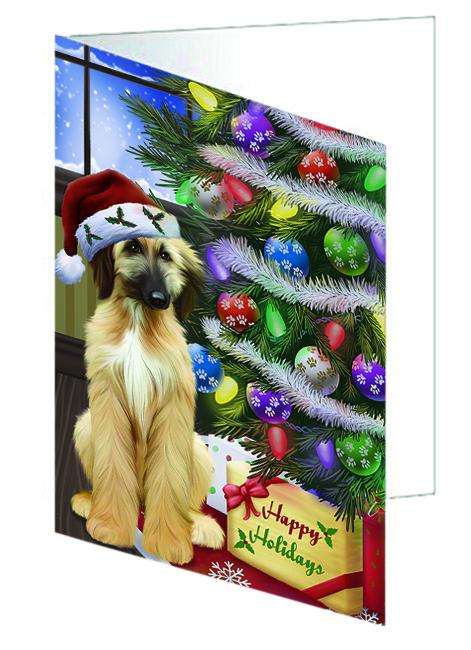 Christmas Happy Holidays Afghan Hound Dog with Tree and Presents Handmade Artwork Assorted Pets Greeting Cards and Note Cards with Envelopes for All Occasions and Holiday Seasons GCD64325