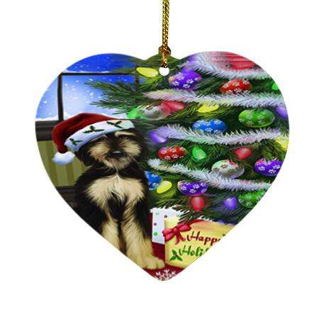Christmas Happy Holidays Afghan Hound Dog with Tree and Presents Heart Christmas Ornament HPOR53429