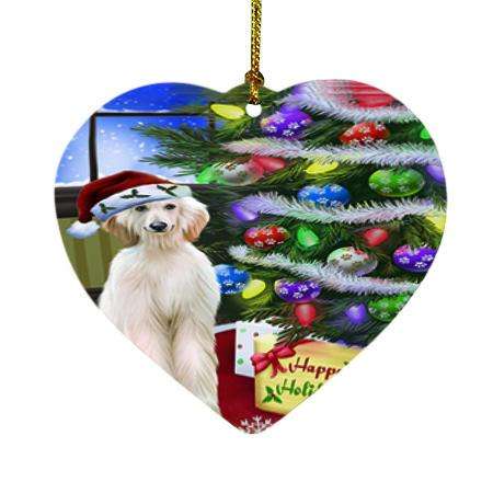 Christmas Happy Holidays Afghan Hound Dog with Tree and Presents Heart Christmas Ornament HPOR53430