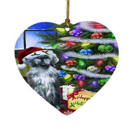 Christmas Happy Holidays Afghan Hound Dog with Tree and Presents Heart Christmas Ornament HPOR53431