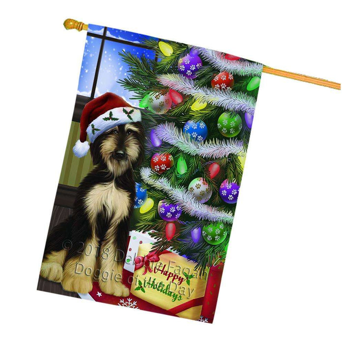 Christmas Happy Holidays Afghan Hound Dog with Tree and Presents House Flag FLG53627