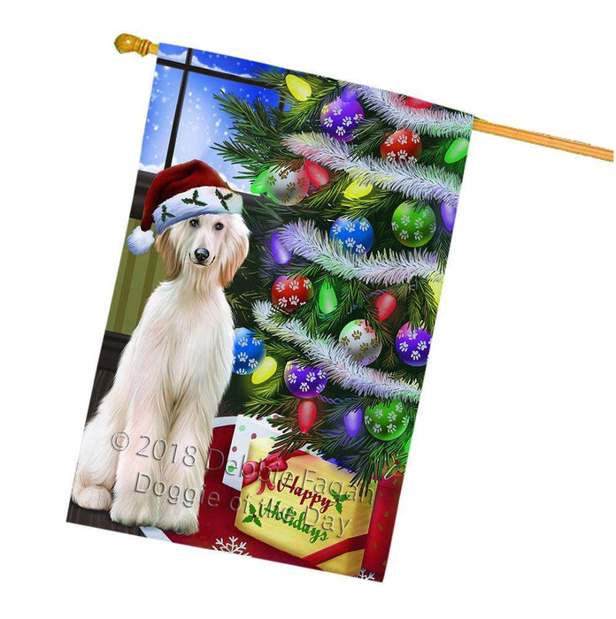 Christmas Happy Holidays Afghan Hound Dog with Tree and Presents House Flag FLG53628