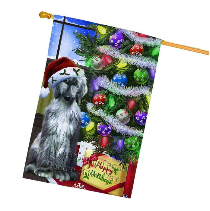 Christmas Happy Holidays Afghan Hound Dog with Tree and Presents House Flag FLG53629