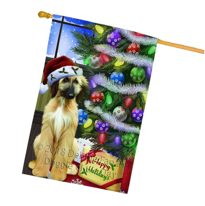 Christmas Happy Holidays Afghan Hound Dog with Tree and Presents House Flag FLG53630