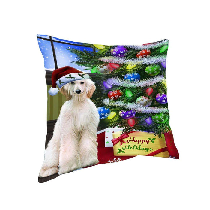Christmas Happy Holidays Afghan Hound Dog with Tree and Presents Pillow PIL70344