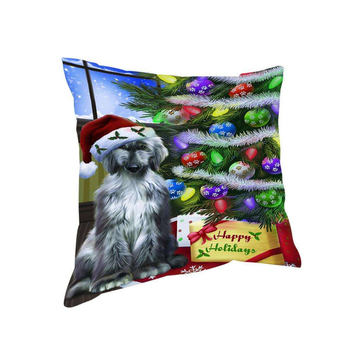 Christmas Happy Holidays Afghan Hound Dog with Tree and Presents Pillow PIL70348