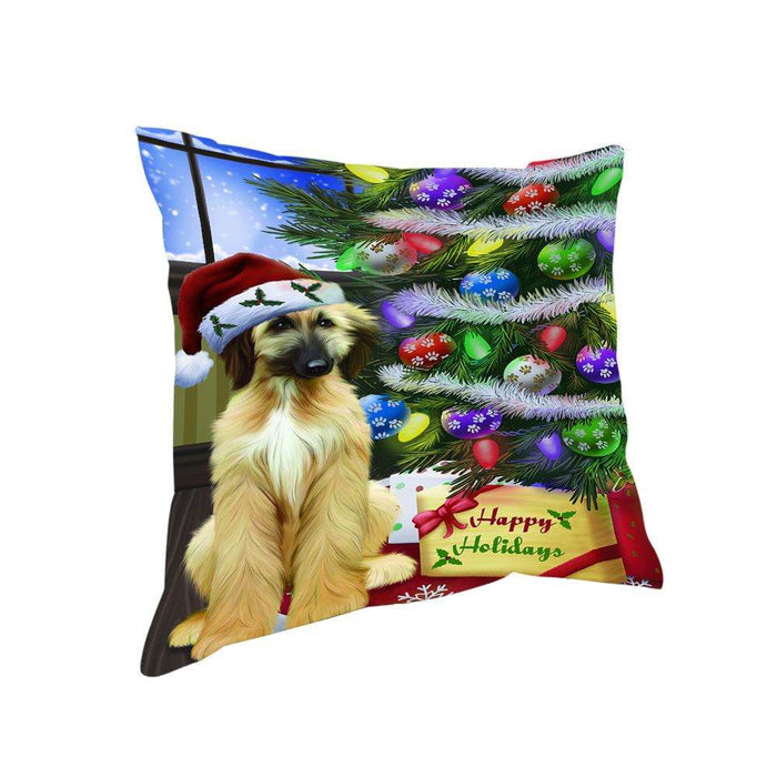 Christmas Happy Holidays Afghan Hound Dog with Tree and Presents Pillow PIL70352