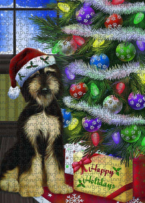 Christmas Happy Holidays Afghan Hound Dog with Tree and Presents Puzzle with Photo Tin PUZL80872