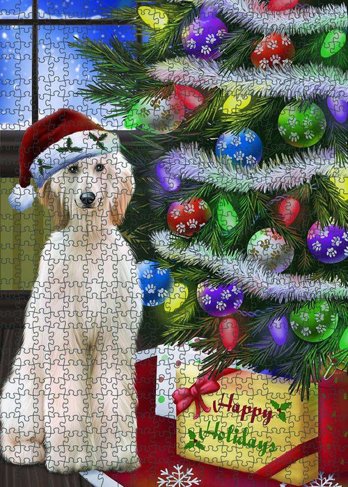 Christmas Happy Holidays Afghan Hound Dog with Tree and Presents Puzzle with Photo Tin PUZL80876