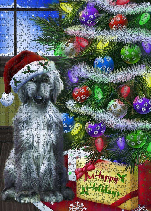 Christmas Happy Holidays Afghan Hound Dog with Tree and Presents Puzzle with Photo Tin PUZL80880