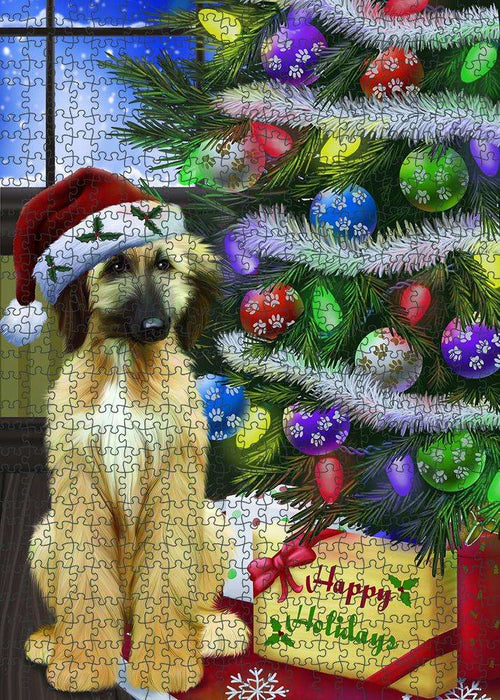 Christmas Happy Holidays Afghan Hound Dog with Tree and Presents Puzzle with Photo Tin PUZL80884