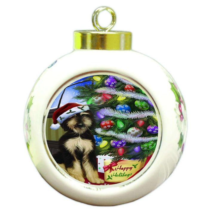 Christmas Happy Holidays Afghan Hound Dog with Tree and Presents Round Ball Christmas Ornament RBPOR53429