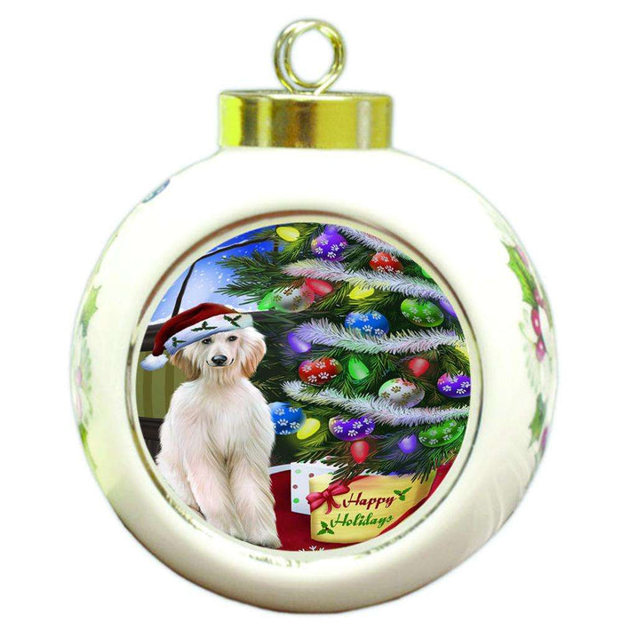 Christmas Happy Holidays Afghan Hound Dog with Tree and Presents Round Ball Christmas Ornament RBPOR53430