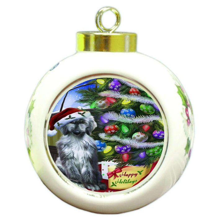 Christmas Happy Holidays Afghan Hound Dog with Tree and Presents Round Ball Christmas Ornament RBPOR53431