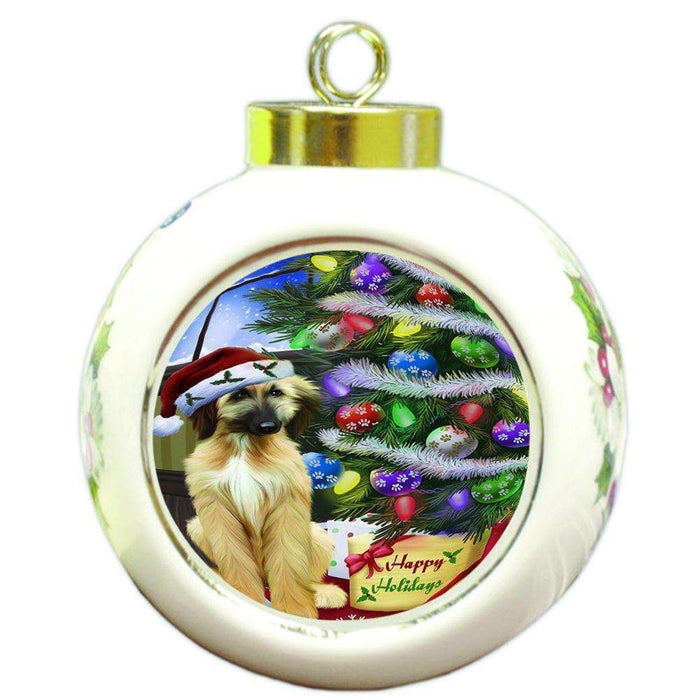 Christmas Happy Holidays Afghan Hound Dog with Tree and Presents Round Ball Christmas Ornament RBPOR53432