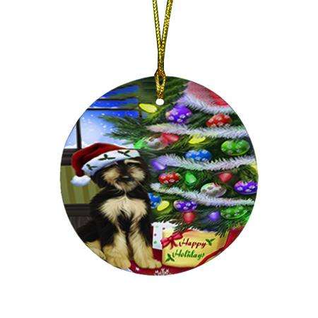 Christmas Happy Holidays Afghan Hound Dog with Tree and Presents Round Flat Christmas Ornament RFPOR53420