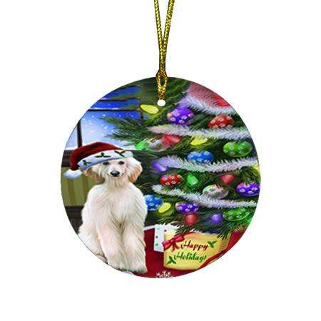 Christmas Happy Holidays Afghan Hound Dog with Tree and Presents Round Flat Christmas Ornament RFPOR53421