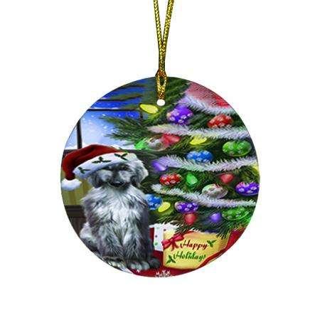 Christmas Happy Holidays Afghan Hound Dog with Tree and Presents Round Flat Christmas Ornament RFPOR53422