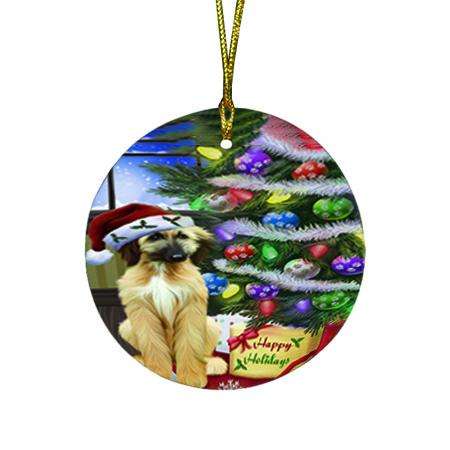 Christmas Happy Holidays Afghan Hound Dog with Tree and Presents Round Flat Christmas Ornament RFPOR53423