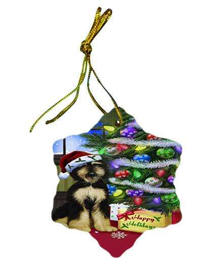 Christmas Happy Holidays Afghan Hound Dog with Tree and Presents Star Porcelain Ornament SPOR53420