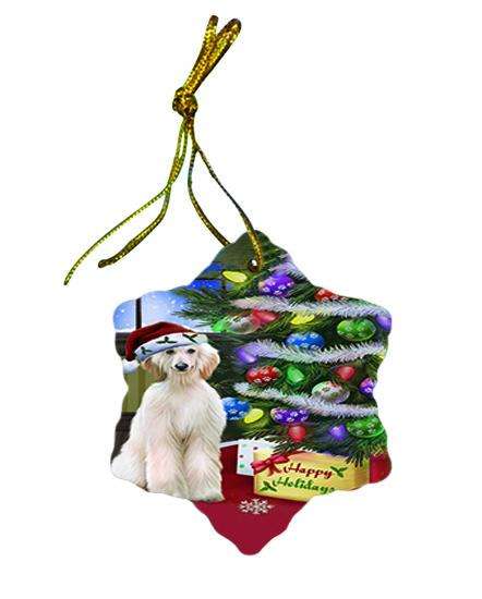 Christmas Happy Holidays Afghan Hound Dog with Tree and Presents Star Porcelain Ornament SPOR53421