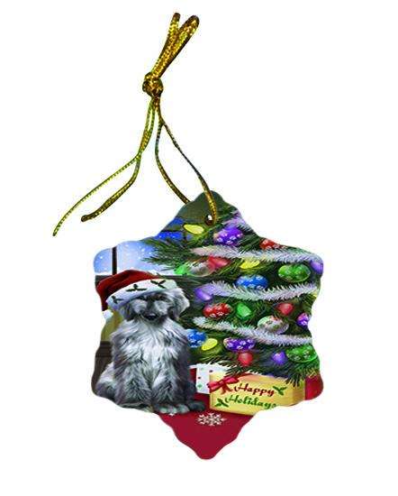 Christmas Happy Holidays Afghan Hound Dog with Tree and Presents Star Porcelain Ornament SPOR53422