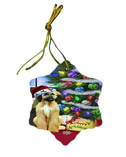 Christmas Happy Holidays Afghan Hound Dog with Tree and Presents Star Porcelain Ornament SPOR53423