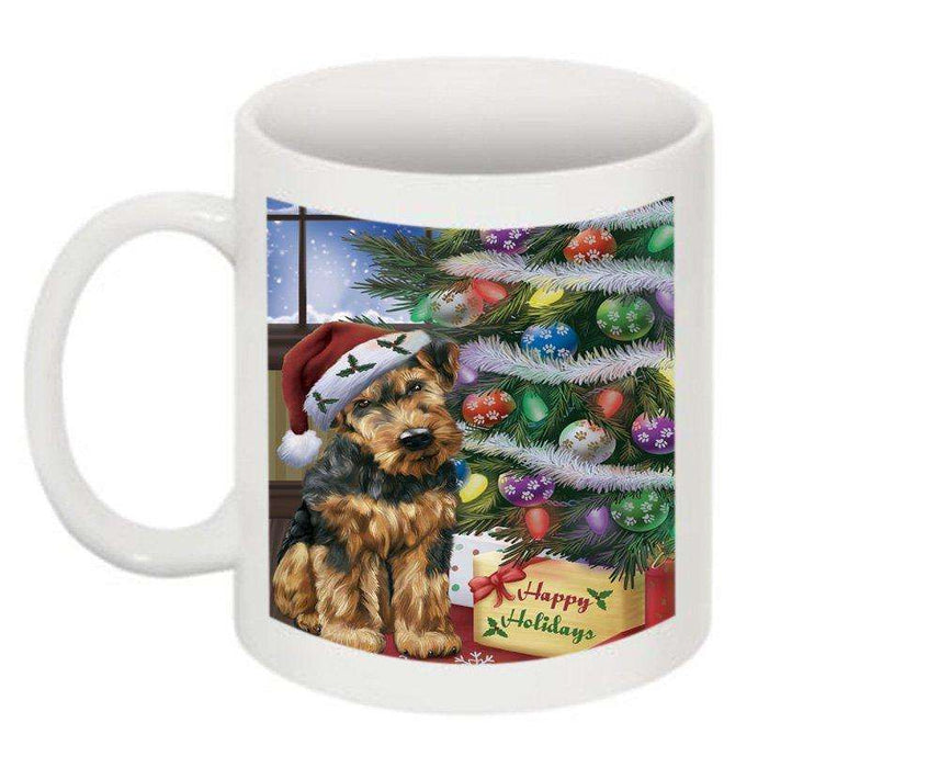Christmas Happy Holidays Airedale Dog with Tree and Presents Mug CMG0041