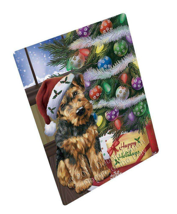 Christmas Happy Holidays Airedales Dog with Tree and Presents Art Portrait Print Woven Throw Sherpa Plush Fleece Blanket