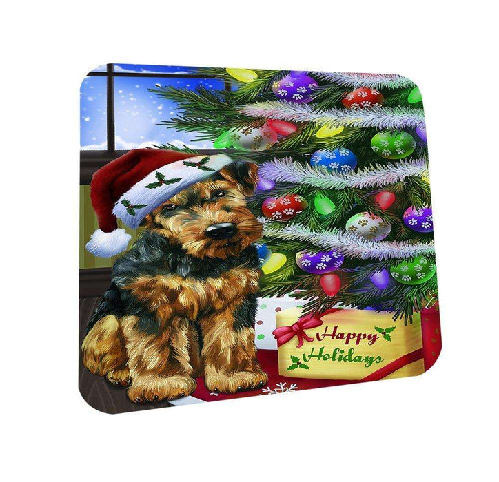 Christmas Happy Holidays Airedales Dog with Tree and Presents Coasters Set of 4