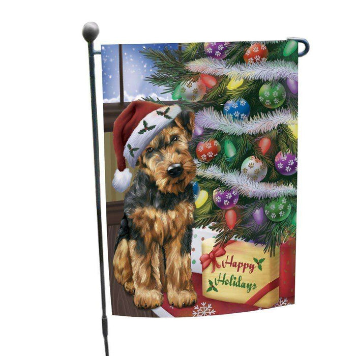 Christmas Happy Holidays Airedales Dog with Tree and Presents Garden Flag