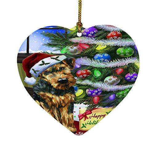Christmas Happy Holidays Airedales Dog with Tree and Presents Heart Ornament D051
