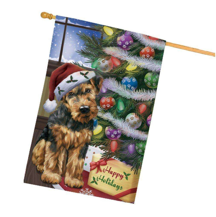 Christmas Happy Holidays Airedales Dog with Tree and Presents House Flag