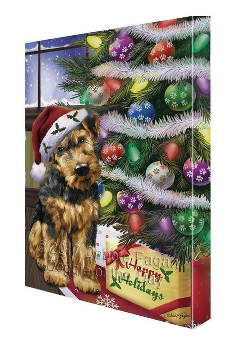 Christmas Happy Holidays Airedales Dog with Tree and Presents Painting Printed on Canvas Wall Art
