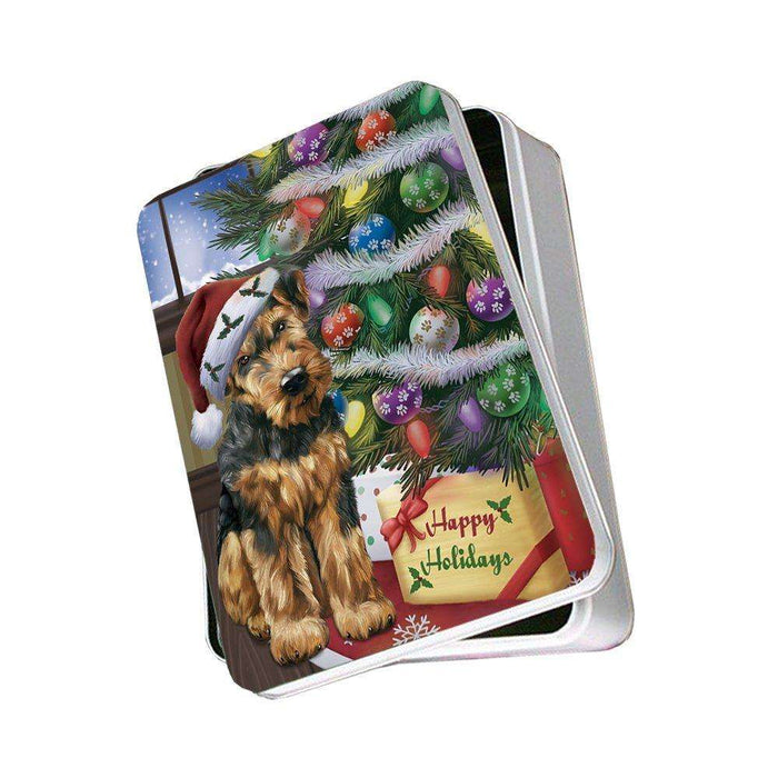 Christmas Happy Holidays Airedales Dog with Tree and Presents Photo Storage Tin