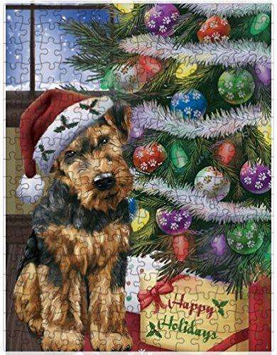 Christmas Happy Holidays Airedales Dog with Tree and Presents Puzzle with Photo Tin