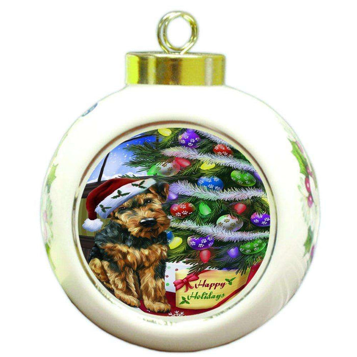 Christmas Happy Holidays Airedales Dog with Tree and Presents Round Ball Ornament D051
