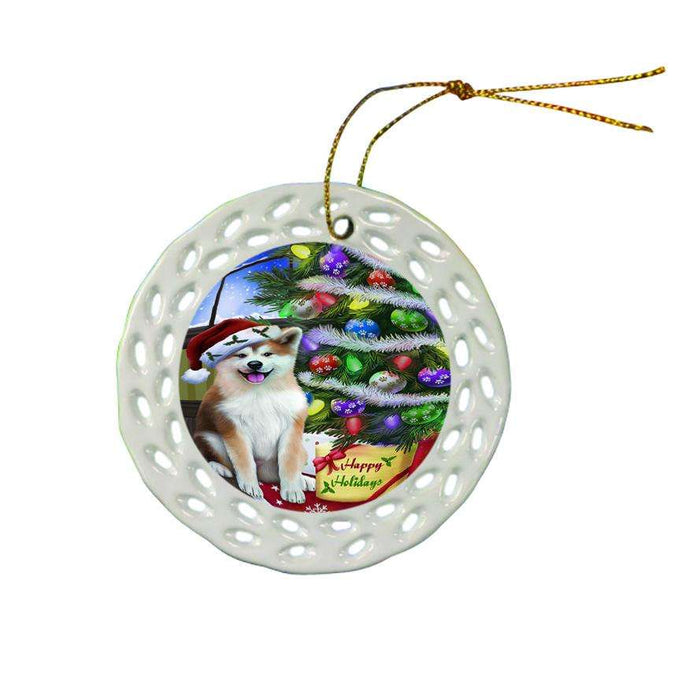 Christmas Happy Holidays Akita Dog with Tree and Presents Ceramic Doily Ornament DPOR53433