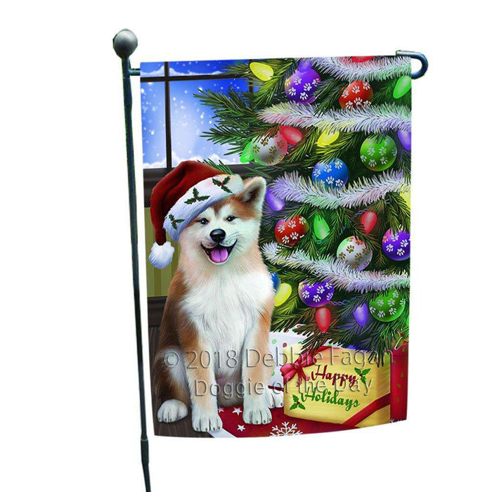 Christmas Happy Holidays Akita Dog with Tree and Presents Garden Flag GFLG53495