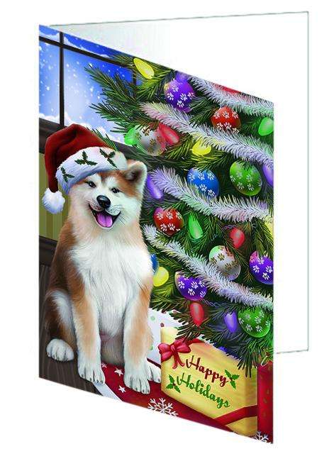 Christmas Happy Holidays Akita Dog with Tree and Presents Handmade Artwork Assorted Pets Greeting Cards and Note Cards with Envelopes for All Occasions and Holiday Seasons GCD64328