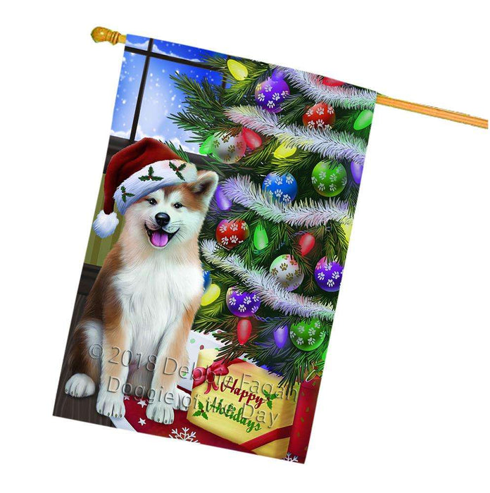 Christmas Happy Holidays Akita Dog with Tree and Presents House Flag FLG53631