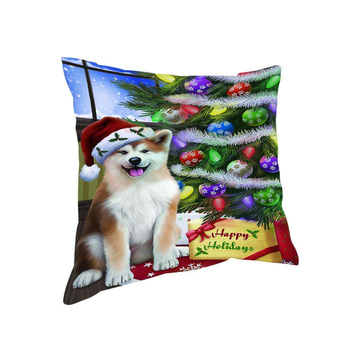 Christmas Happy Holidays Akita Dog with Tree and Presents Pillow PIL70356