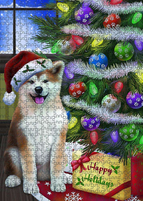 Christmas Happy Holidays Akita Dog with Tree and Presents Puzzle with Photo Tin PUZL80888