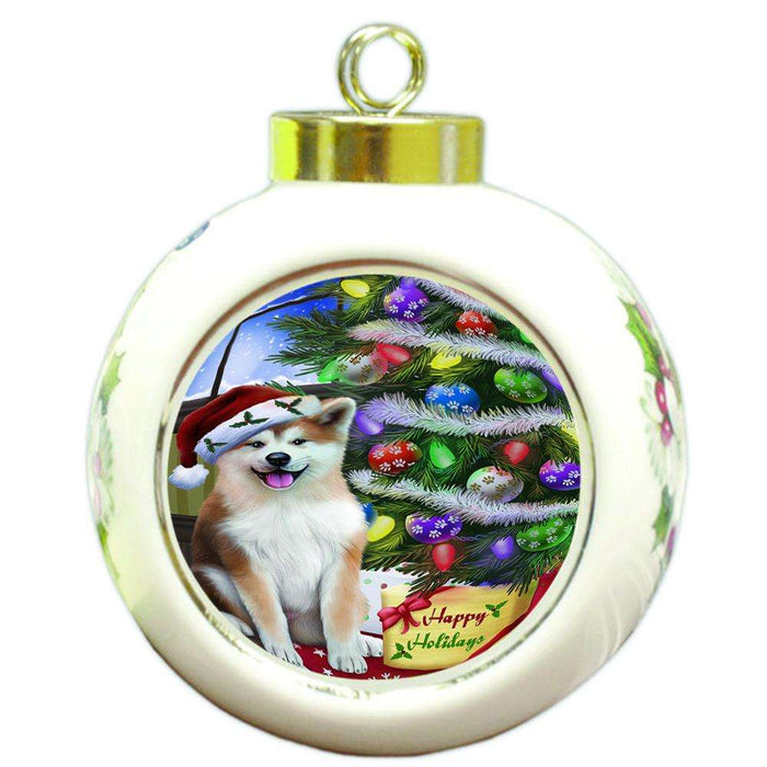 Christmas Happy Holidays Akita Dog with Tree and Presents Round Ball Christmas Ornament RBPOR53433